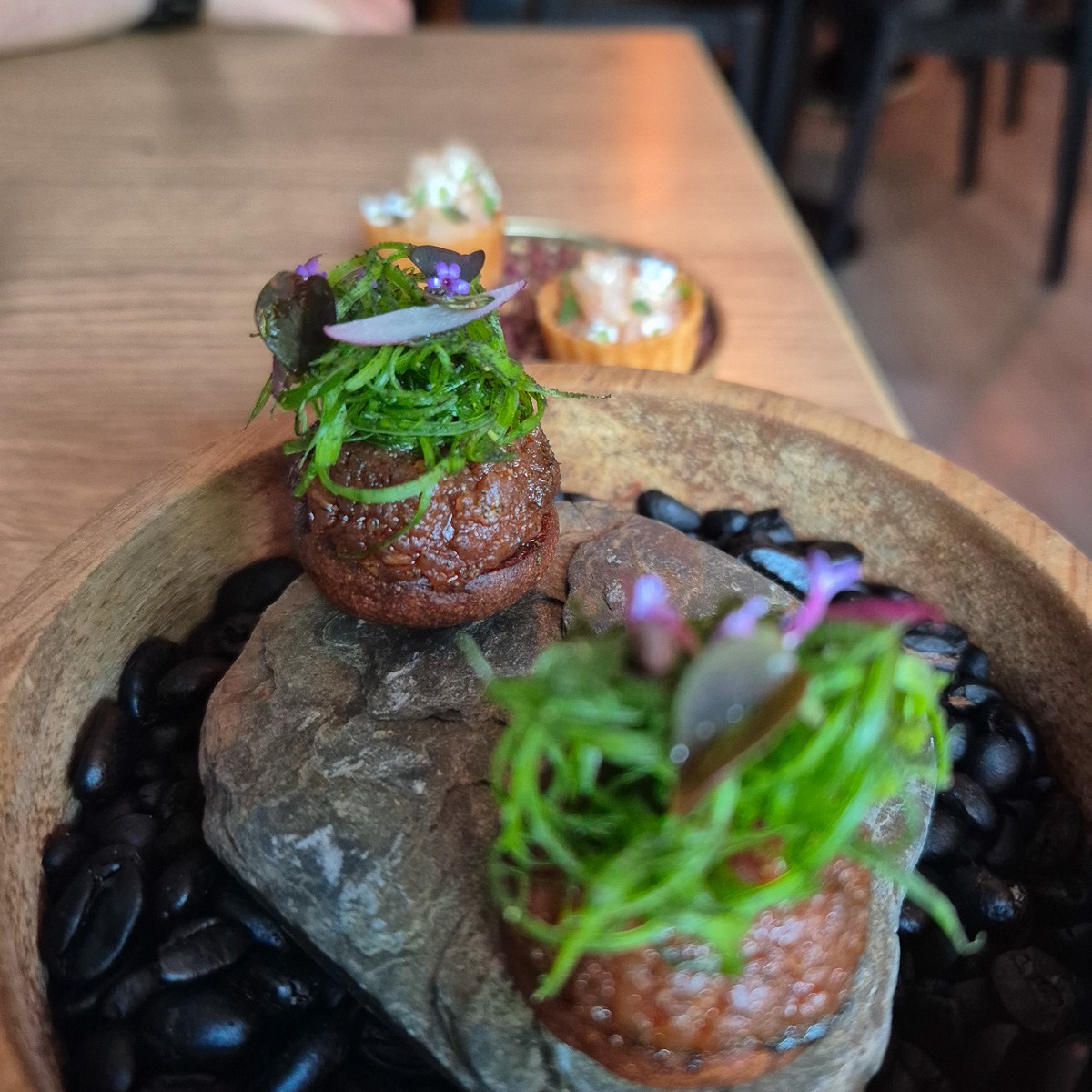 Snacks from the tasting menu by restaurant Kajo in Tampere